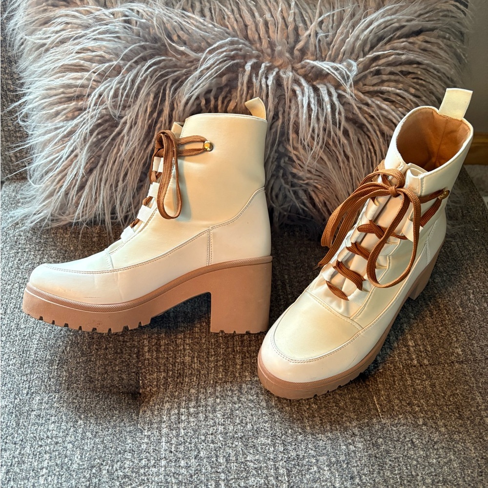 Qupid Cream Lace Up Boots with Brown Soles